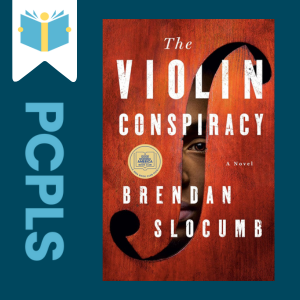 "Blue Text down the left side: PCPLS, PCPLS logo on a white page marker in the top left corner, {The Violin Conspiracy} book cover along the right side, Navy background"