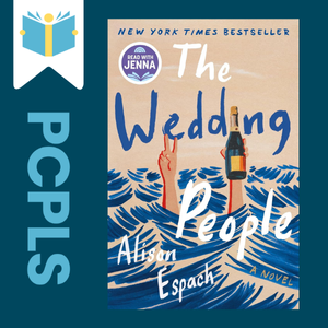 "Blue Text down the left side: PCPLS, PCPLS logo on a white page marker in the top left corner, {The Wedding People} book cover along the right side, Navy background"