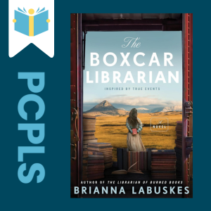 "Blue Text down the left side: PCPLS, PCPLS logo on a white page marker in the top left corner, {The Boxcar Librarian} book cover along the right side, Navy background"