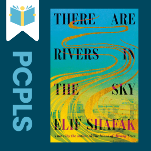 "Blue Text down the left side: PCPLS, PCPLS logo on a white page marker in the top left corner, {There are Rivers in the Sky} book cover along the right side, Navy background"