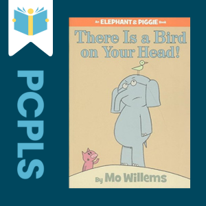 "Blue Text down the left side: PCPLS, PCPLS logo on a white page marker in the top left corner, {There is a bird on Your Head} book cover along the right side, Navy background"