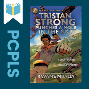 "Blue Text down the left side: PCPLS, PCPLS logo on a white page marker in the top left corner, {Tristan Strong Punches a hole in the sky} book cover along the right side, Navy background"