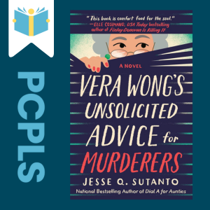 "Blue Text down the left side: PCPLS, PCPLS logo on a white page marker in the top left corner, {Vera Wong's Unsolicited Advice for Murderers} book cover along the right side, Navy background"