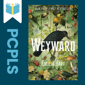 "Blue Text down the left side: PCPLS, PCPLS logo on a white page marker in the top left corner, {Weyward} book cover along the right side, Navy background"