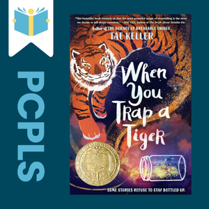 "Blue Text down the left side: PCPLS, PCPLS logo on a white page marker in the top left corner, {When You Trap a Tiger} book cover along the right side, Navy background"