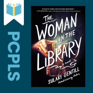 "Blue Text down the left side: PCPLS, PCPLS logo on a white page marker in the top left corner, {The Woman in the Library} book cover along the right side, Navy background"