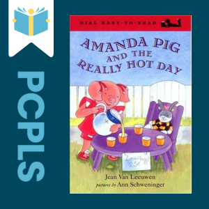 "Blue Text down the left side: PCPLS, PCPLS logo on a white page marker in the top left corner, {Amanda Pig and the Really Hot Day } book cover along the right side, Navy background"