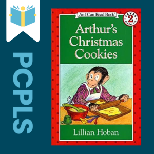 "Blue Text down the left side: PCPLS, PCPLS logo on a white page marker in the top left corner, {Arthur's Christmas Cookies} book cover along the right side, Navy background"