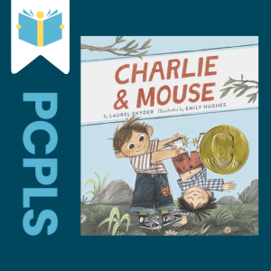"Blue Text down the left side: PCPLS, PCPLS logo on a white page marker in the top left corner, {Charlie and Mouse} book cover along the right side, Navy background"