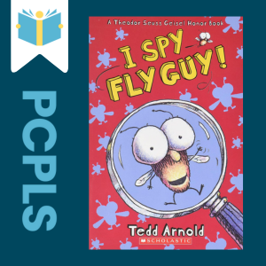 "Blue Text down the left side: PCPLS, PCPLS logo on a white page marker in the top left corner, {I Spy Fly Guy!} book cover along the right side, Navy background"