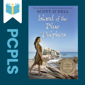 "Blue Text down the left side: PCPLS, PCPLS logo on a white page marker in the top left corner, {Island of Blue Dolphins} book cover along the right side, Navy background"