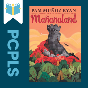 "Blue Text down the left side: PCPLS, PCPLS logo on a white page marker in the top left corner, {Mañanaland} book cover along the right side, Navy background"