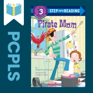 "Blue Text down the left side: PCPLS, PCPLS logo on a white page marker in the top left corner, {Pirate Mom} book cover along the right side, Navy background"