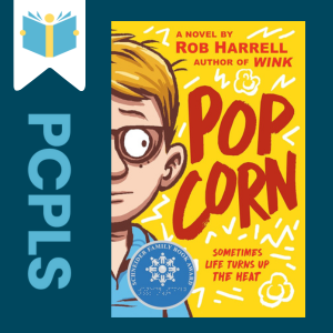 "Blue Text down the left side: PCPLS, PCPLS logo on a white page marker in the top left corner, {Popcorn} book cover along the right side, Navy background"