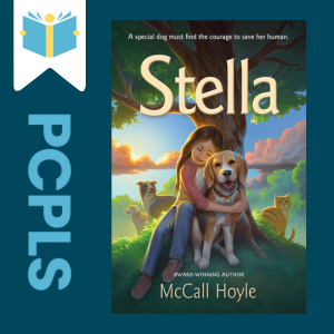 "Blue Text down the left side: PCPLS, PCPLS logo on a white page marker in the top left corner, {Stella} book cover along the right side, Navy background"