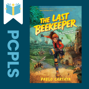 "Blue Text down the left side: PCPLS, PCPLS logo on a white page marker in the top left corner, {The Last Beekeeper} book cover along the right side, Navy background"
