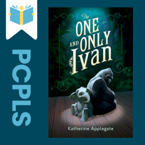 "Blue Text down the left side: PCPLS, PCPLS logo on a white page marker in the top left corner, {The One and Only Ivan} book cover along the right side, Navy background"