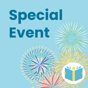 An image that reads "Special Event." The background is blue. Fireworks of different colors burst in the bottom right corner, behind the PCPLS logo.