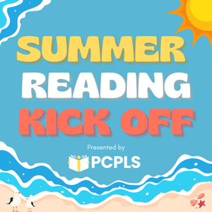 Text: Summer Reading Kick Off, Imagery of a beach with the sun and a couple seagulls