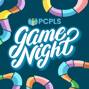 Text: PCPLS Game Night, surrounded by colorful boardgame path on a dark blue background