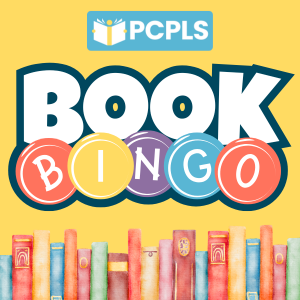 Bubble text reads "Book Bingo." A row of books is beneath the text.